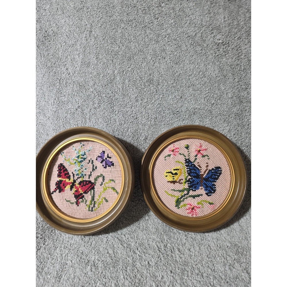 Vintage Set Of 2 Butterfly Cross Stich Framed Wall Hangings